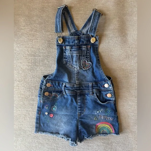 Jordache Girls’ Denim Overall Shorts – Size 4T rainbow embroidery - Picture 2 of 7